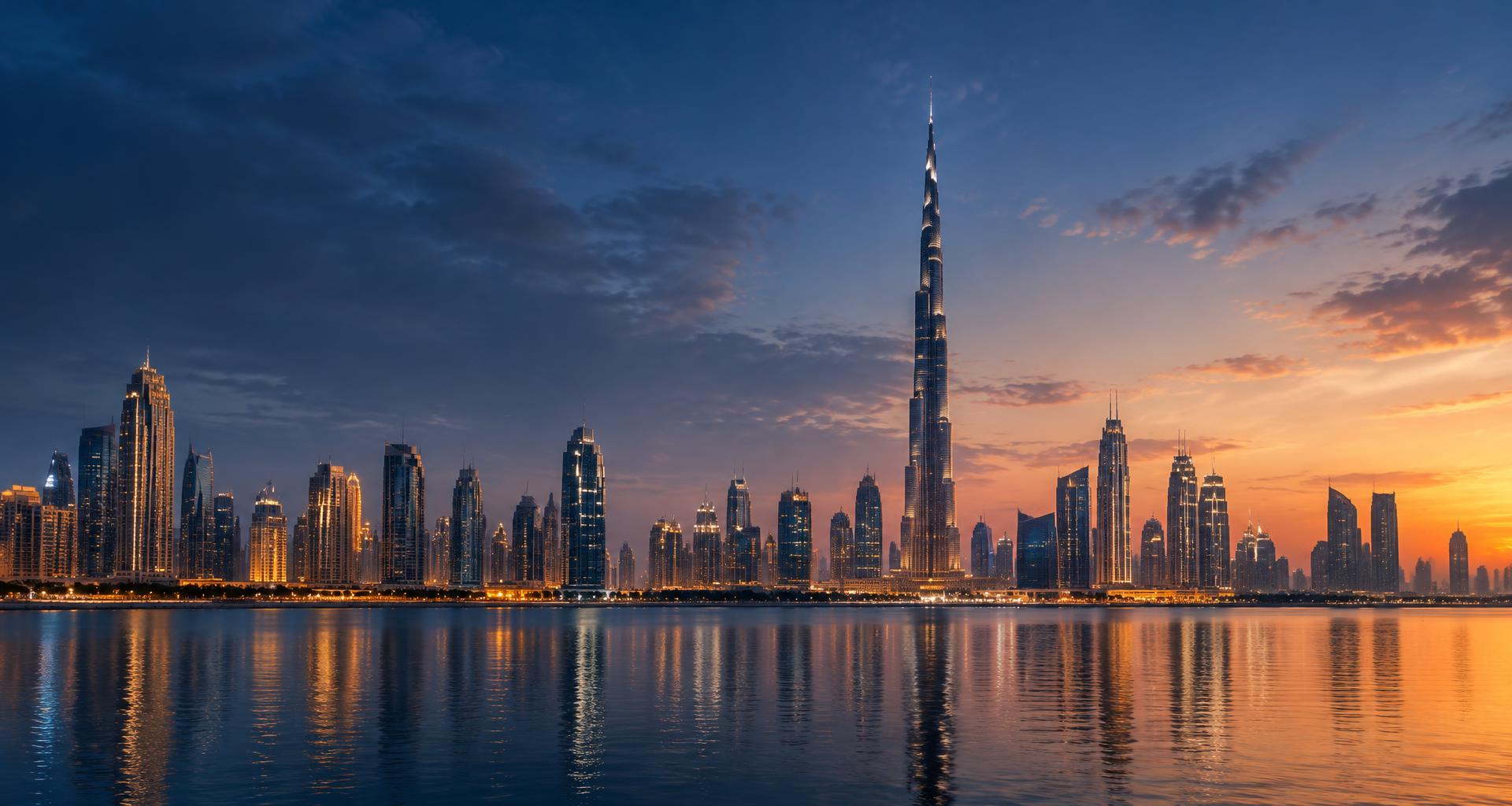 Dubai skyline and Burj Khalifa overlooking the waterfront at sunset